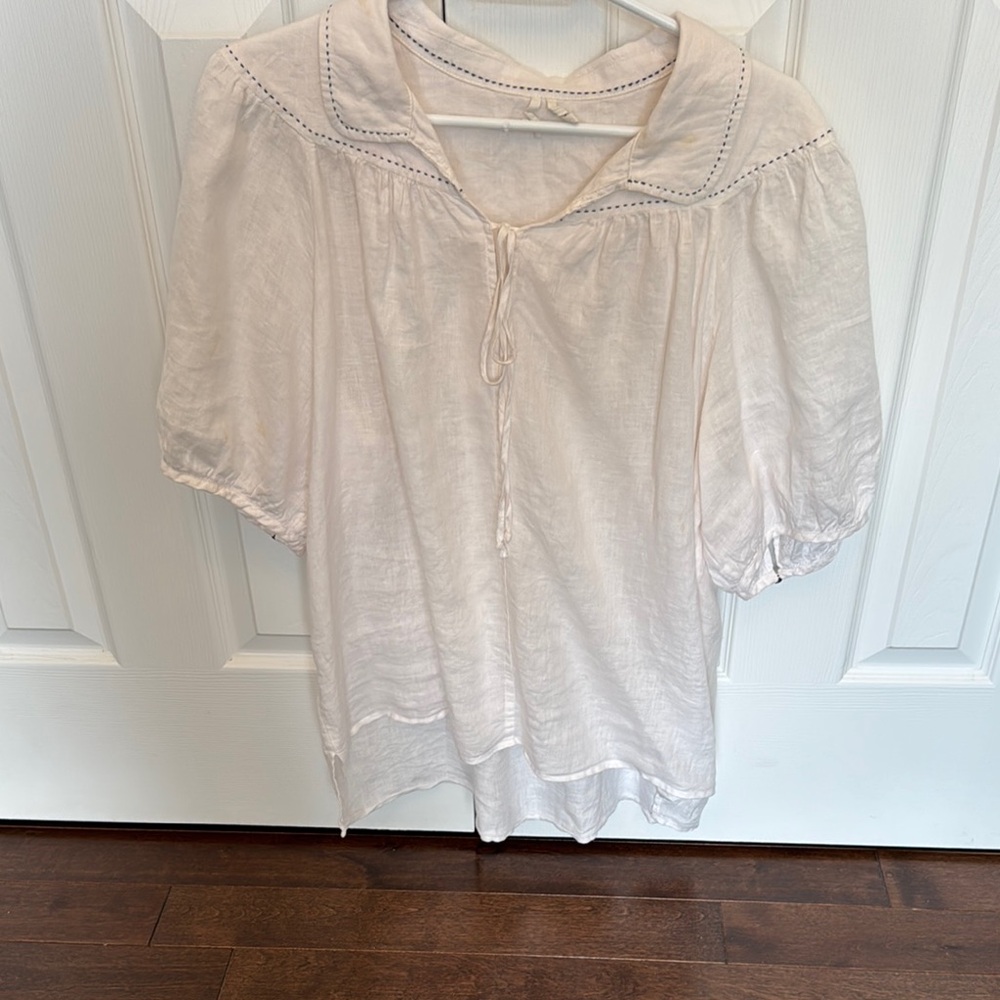 Lightweight Cream Peasant Top with Tie Neck